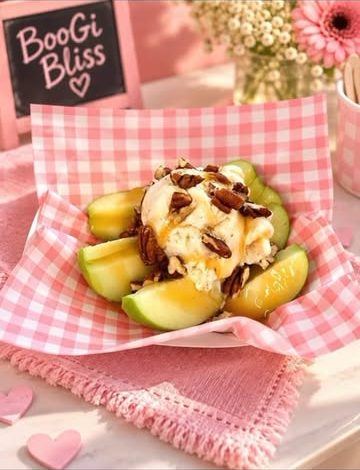 Apple Bliss: green apple slices topped with vanilla ice cream, caramel and chopped nuts on pink gingham